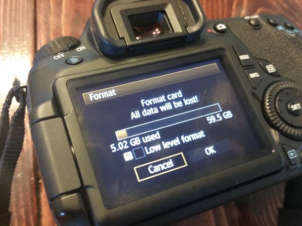 Format SD card on DSLR